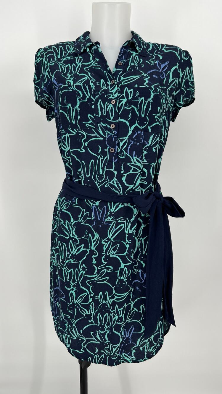 Anthropolorie Maeve Shirt Dress Women 4 Blue Rabbit Bunny Crepe Franziska Belted